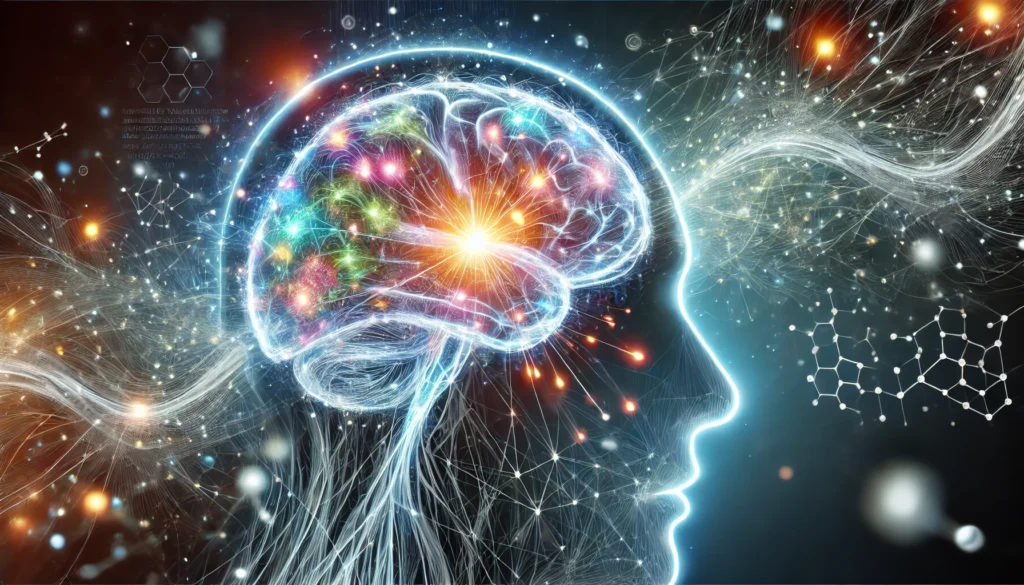 A conceptual illustration of brain function with a glowing neural network, depicting the impact of magnesium on cognitive performance through vibrant neural connections and energy currents symbolizing enhanced focus and mental clarity.