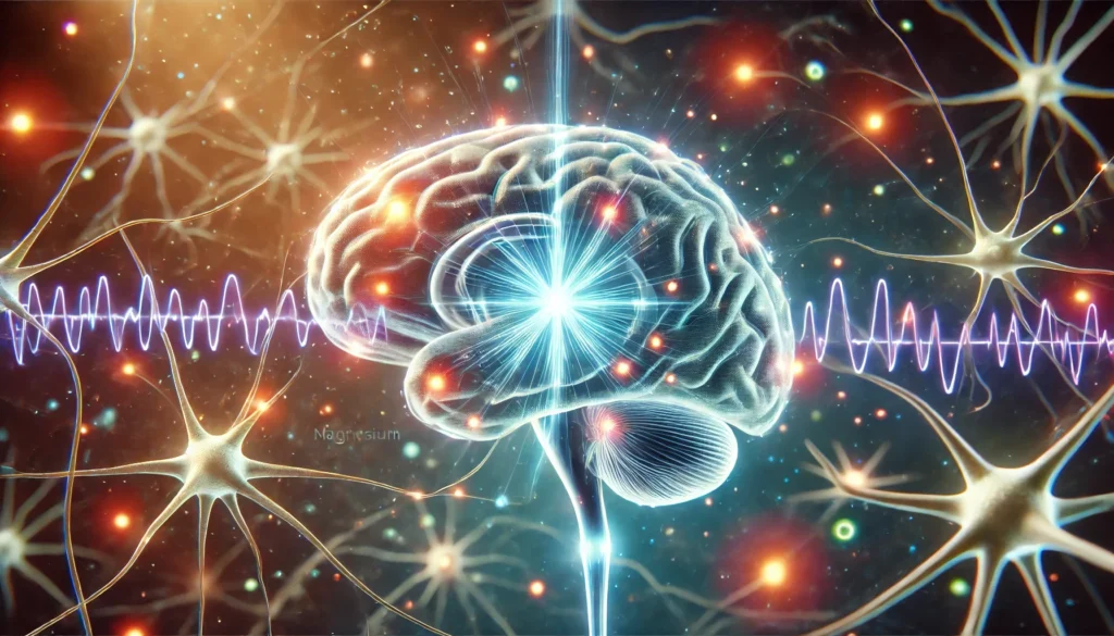 A scientific visualization of neurotransmitter activity in the brain, depicting a glowing synapse with energy pulses transferring signals between neurons, symbolizing the role of magnesium in improving cognitive function and mental focus.