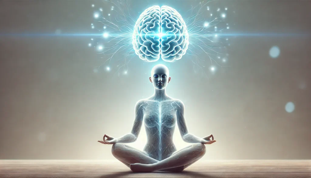 A serene and modern image of a person meditating with a glowing brain overlay, symbolizing enhanced focus, mindfulness, and the cognitive benefits of nootropic supplements.