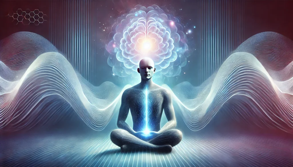 A futuristic depiction of a person in deep meditation with a glowing aura around their head, symbolizing heightened cognitive function and mental clarity. The abstract background features energy waves representing balanced brain chemistry.