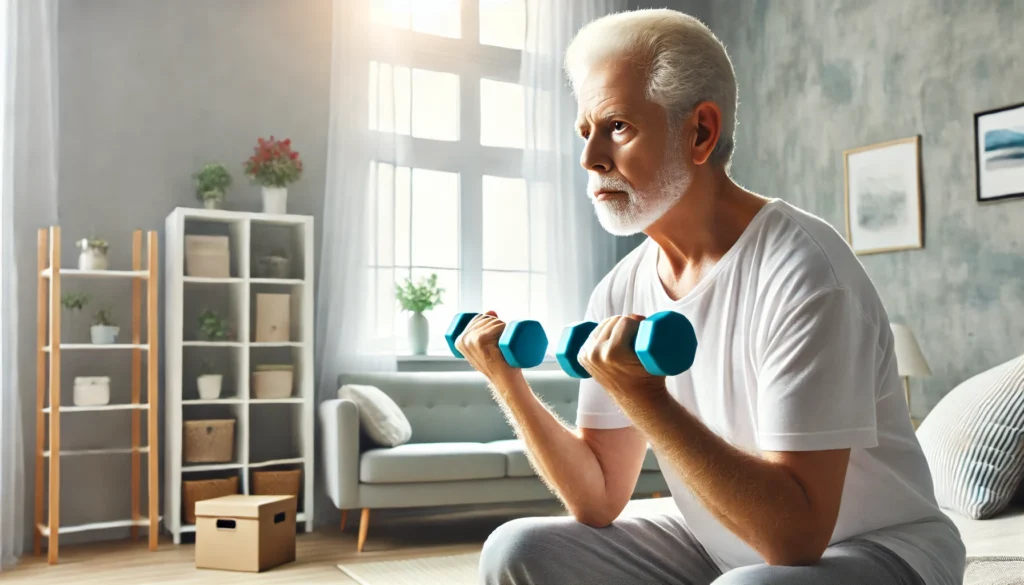 Elderly man lifting dumbbells at home, showcasing resistance training benefits for brain health