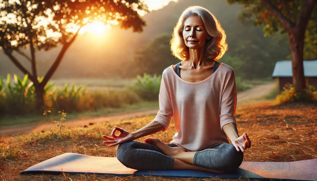 Woman practicing yoga outdoors, illustrating mindfulness exercises for cognitive health