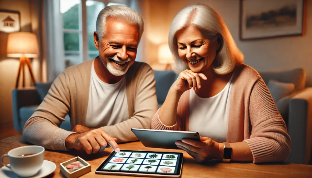 Senior couple playing a digital memory game, promoting cognitive health and mental stimulation