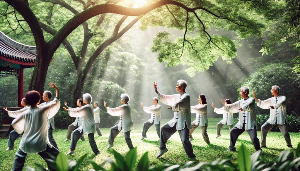 Seniors practicing Tai Chi in a park, emphasizing mind-body exercise benefits for memory