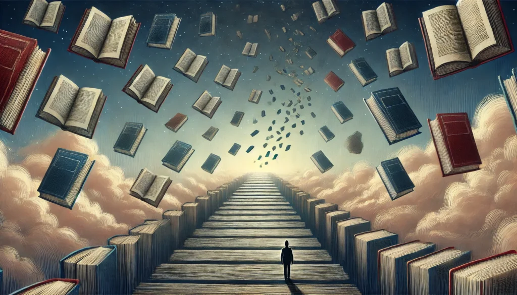 Memory loss another word – A conceptual image of memories fading, represented by books with vanishing pages floating into the sky