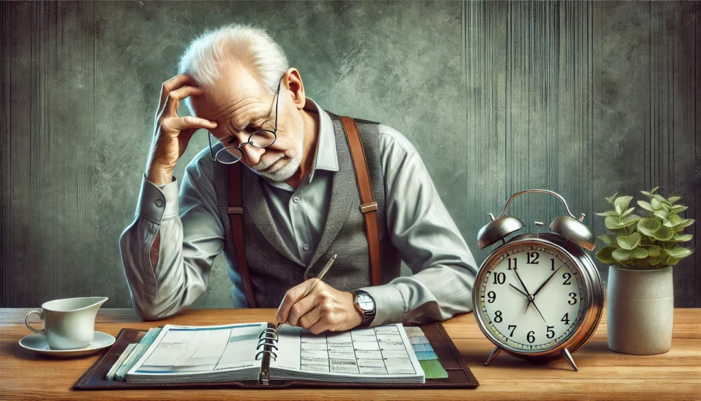 Elderly man sitting at a desk, struggling to organize his daily schedule, illustrating the impact of mild cognitive impairment on daily life.