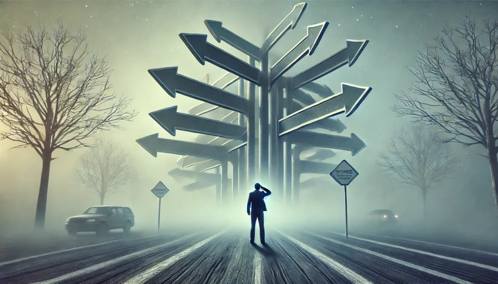 Surreal depiction of a person standing at a foggy crossroads with multiple signs, symbolizing decision-making difficulties related to mild cognitive impairment