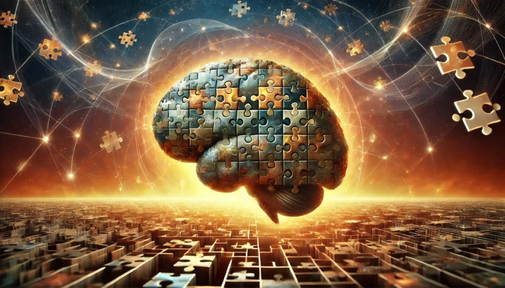 A surreal digital painting of a human brain composed of interlocking puzzle pieces, floating in a futuristic environment. The background features glowing neural pathways, symbolizing cognitive puzzles' role in enhancing problem-solving and neuroplasticity