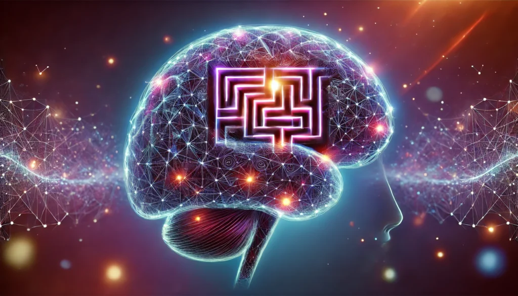 An abstract visualization of a brain engaged in problem-solving, represented by a glowing maze inside the brain structure, emphasizing the challenge and mental stimulation of brain teaser apps