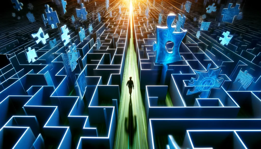 A dynamic digital artwork of a person navigating a labyrinth made of puzzle pieces, representing strategic thinking and problem-solving. Vibrant blue and green hues highlight cognitive engagement and logical reasoning.