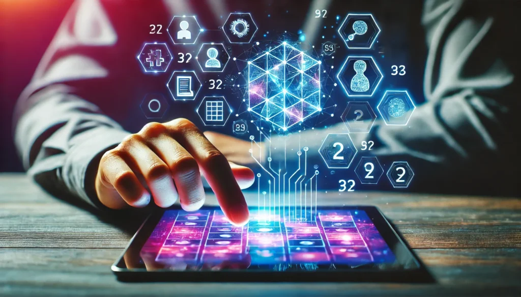 A conceptual image of a person using a brain teaser app on a futuristic digital tablet, with holographic puzzle pieces and numbers floating around, showcasing the engaging and interactive nature of modern brain training applications