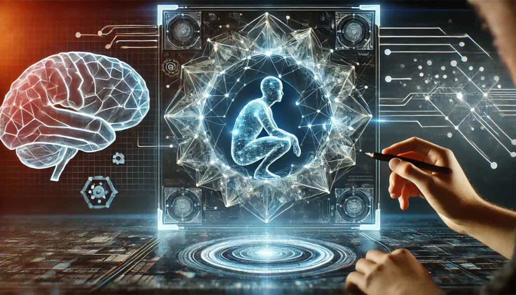 A futuristic digital illustration of a person interacting with a glowing holographic puzzle interface. The interconnected puzzle pieces and neural pathways represent advanced cognitive training and mental agility in a cybernetic environment