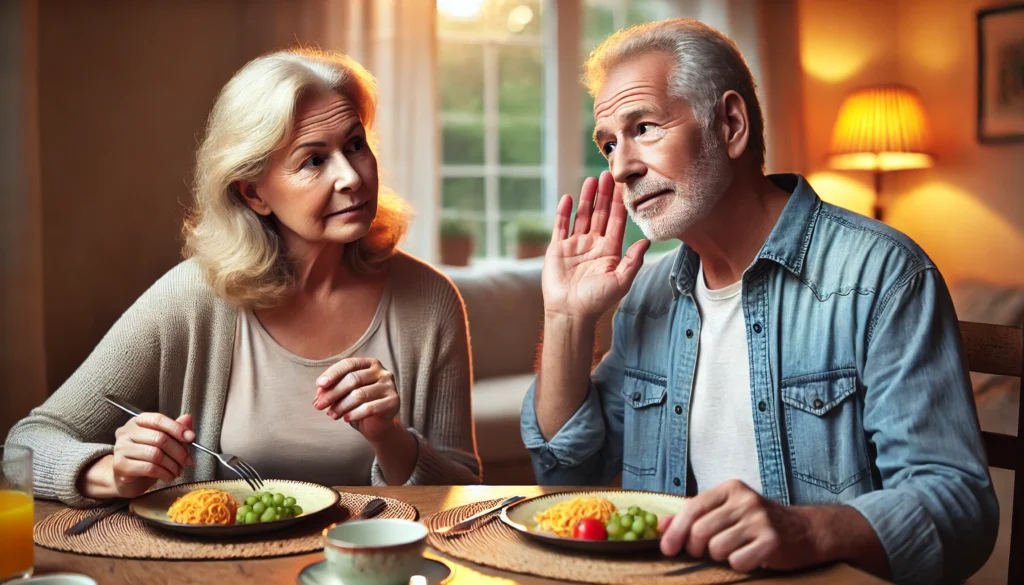 Senior couple at a dining table, engaged in conversation, with one person struggling to pronounce a word while the other listens attentively