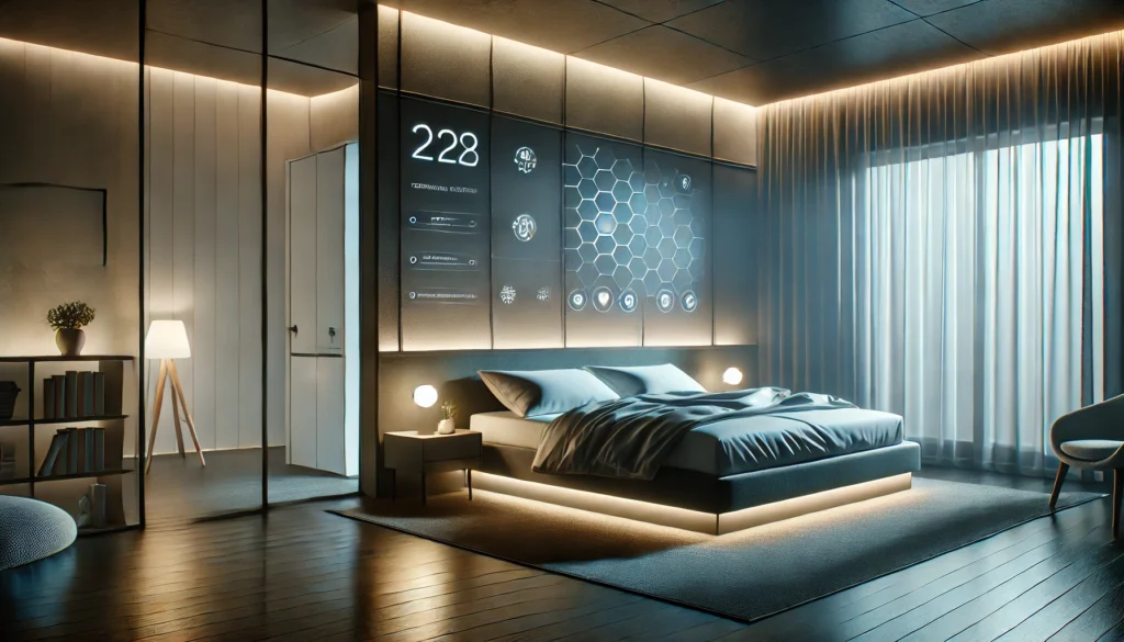 A modern smart bedroom optimized for sleep, featuring a sleek, minimalist design with ambient lighting, a comfortable bed with temperature-regulating bedding, and an intuitive smart home system. The dim lighting and soft, calming glow create a peaceful and high-tech sleep environment.