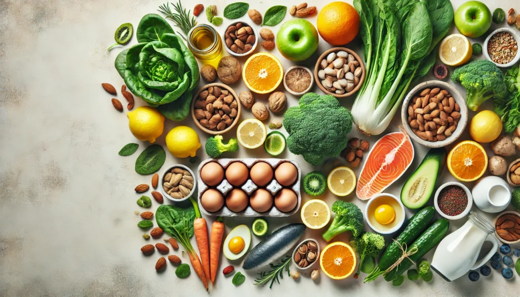 A clean and well-organized composition of natural food sources rich in essential vitamins for motivation and energy. The image features fresh ingredients such as citrus fruits, nuts, leafy greens, fish, and eggs, arranged on a neutral background. Vibrant colors highlight the diversity of nutrient-rich foods. No text, labels, or symbols are present.