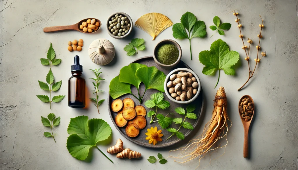 A high-quality image showcasing natural herbal ingredients known for boosting focus and energy, such as Ginkgo Biloba leaves, Bacopa Monnieri, Rhodiola Rosea roots, and Panax Ginseng, arranged on a clean, neutral background.