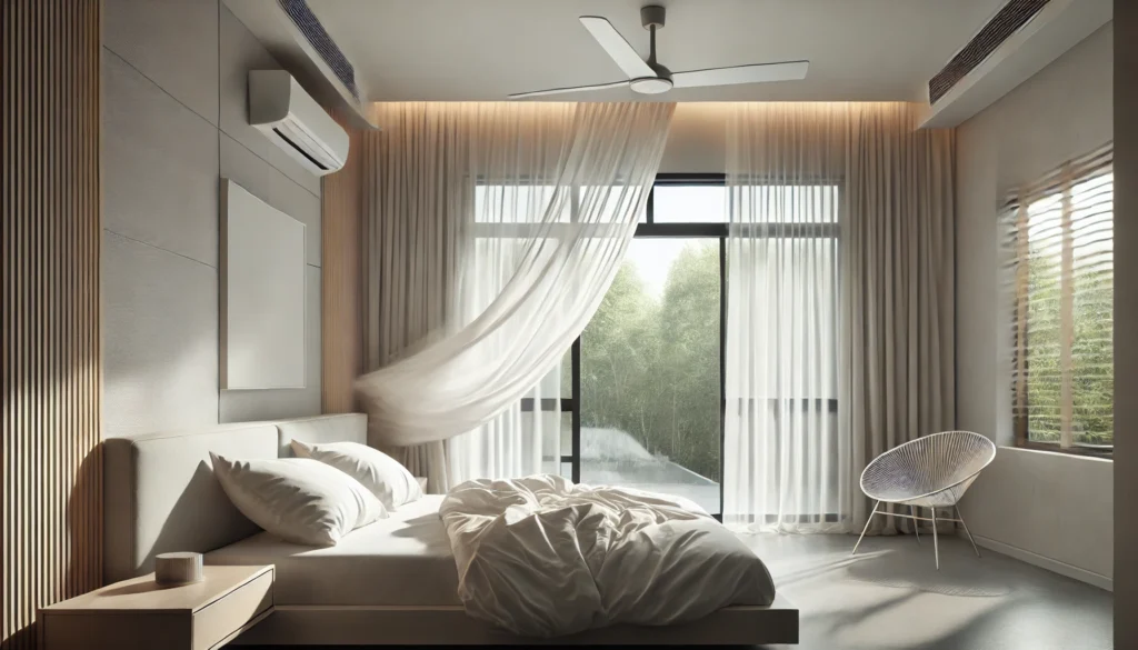 A modern bedroom with large open windows allowing a gentle breeze to circulate, featuring light curtains moving softly in the air and a minimalist design that creates a fresh, airy atmosphere for restful sleep.