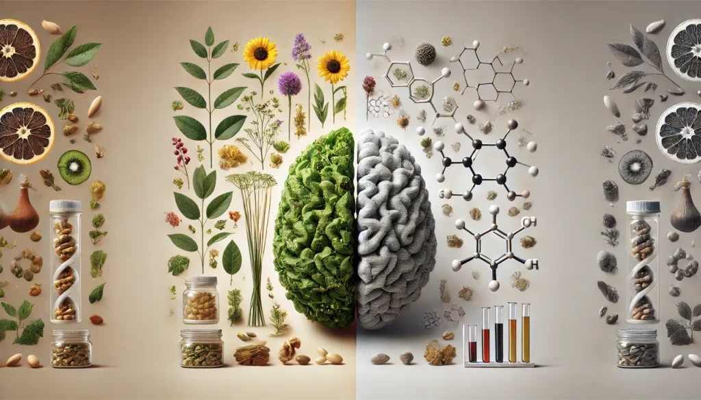 A conceptual image illustrating the difference between two brain health supplements. One side features natural herbal ingredients like Bacopa Monnieri and Ginkgo Biloba, while the other side represents a scientific, lab-based approach with molecular structures.