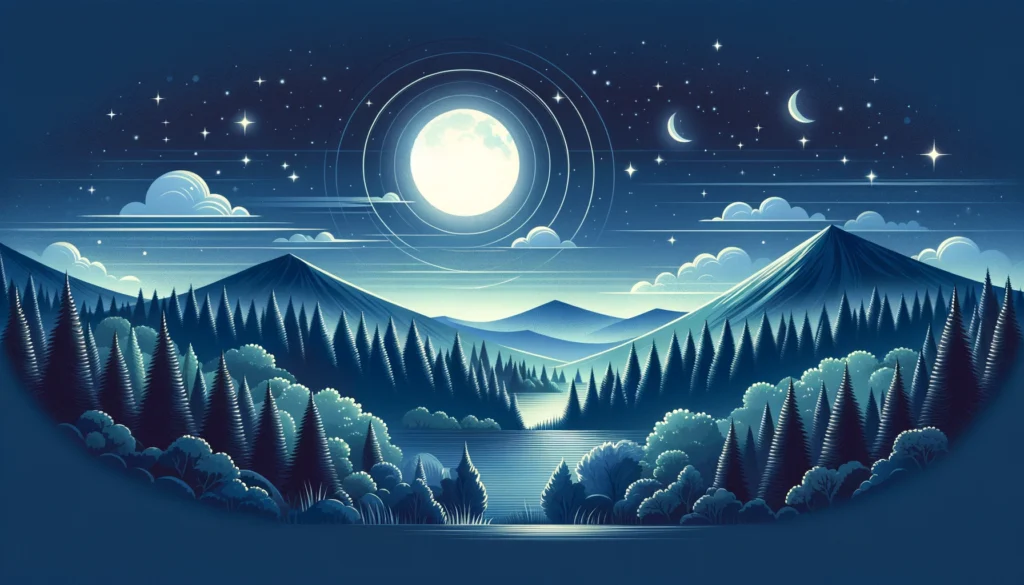 A peaceful nighttime landscape with the moon and stars shining over a quiet forest, symbolizing the connection between natural light cycles and the body's circadian rhythm. The serene scene evokes a sense of calm and restfulness, promoting the importance of aligning sleep with nature.