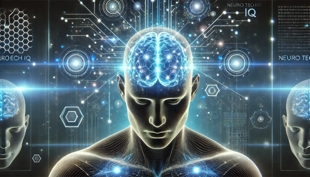 A high-tech visualization of a person experiencing enhanced mental focus, surrounded by glowing neural pathways and holographic data streams, illustrating the effects of neuro tech IQ brain enhancement supplements.