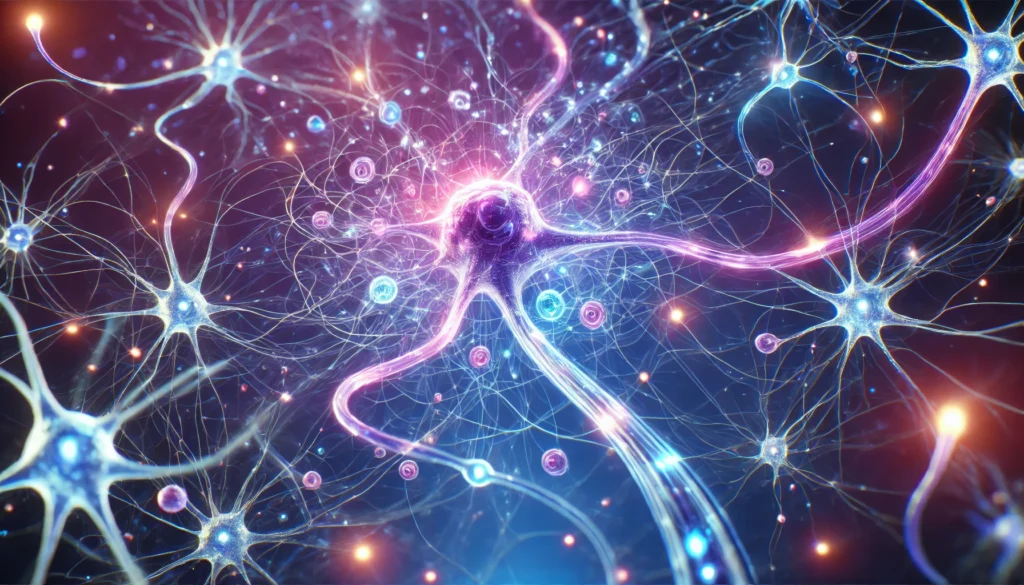 A conceptual visualization of neurogenesis, showcasing the formation of new neurons with glowing synaptic connections. The image features a futuristic deep blue and electric purple color scheme, symbolizing cognitive growth.