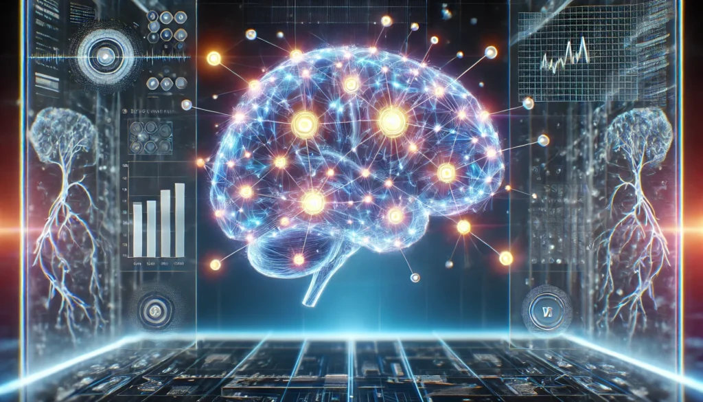 A futuristic scientific visualization of neurotransmitter activity in the brain, highlighting how essential vitamins impact motivation and energy levels. The glowing neural network with bright synaptic connections symbolizes enhanced cognitive function. The high-tech background with blue and purple hues creates a modern, science-oriented atmosphere. No text, symbols, or labels are present.