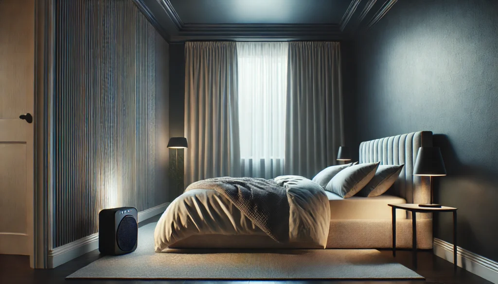 A sleep-friendly bedroom designed for noise reduction, with thick curtains, a sound machine, and a comfortable bed with plush bedding. The minimalist aesthetic and soft lighting enhance the quiet and relaxing sleep space.