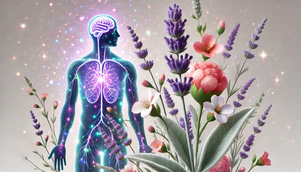 Colorful lavender cotton plant with glowing human body and brain.