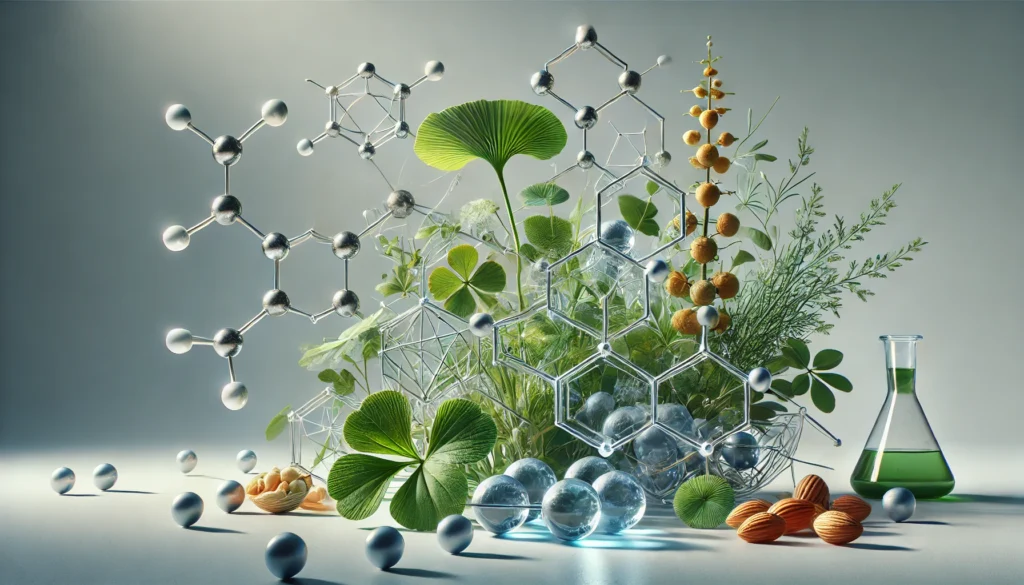 A conceptual visualization of natural nootropic ingredients like Bacopa Monnieri, Ginkgo Biloba, and Rhodiola Rosea, displayed in a clean, modern scientific environment, emphasizing their cognitive-enhancing properties.