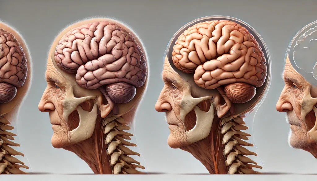 Medical illustration showing the progression of brain atrophy from normal aging to dementia, focusing on tissue loss in the frontal and temporal lobes