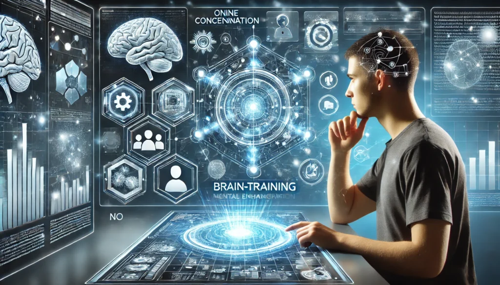 A futuristic digital artwork showcasing a user immersed in an online concentration game with floating puzzle elements, brain-training icons, and a high-tech holographic interface