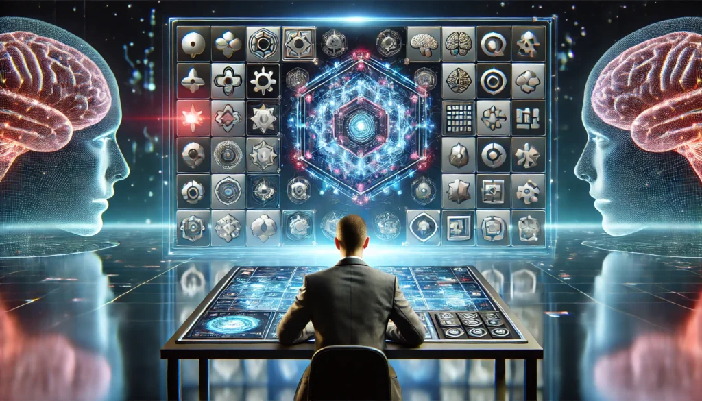 A sleek and technologically advanced digital scene depicting a person playing an online concentration game, highlighting interactive cognitive puzzles and memory challenges