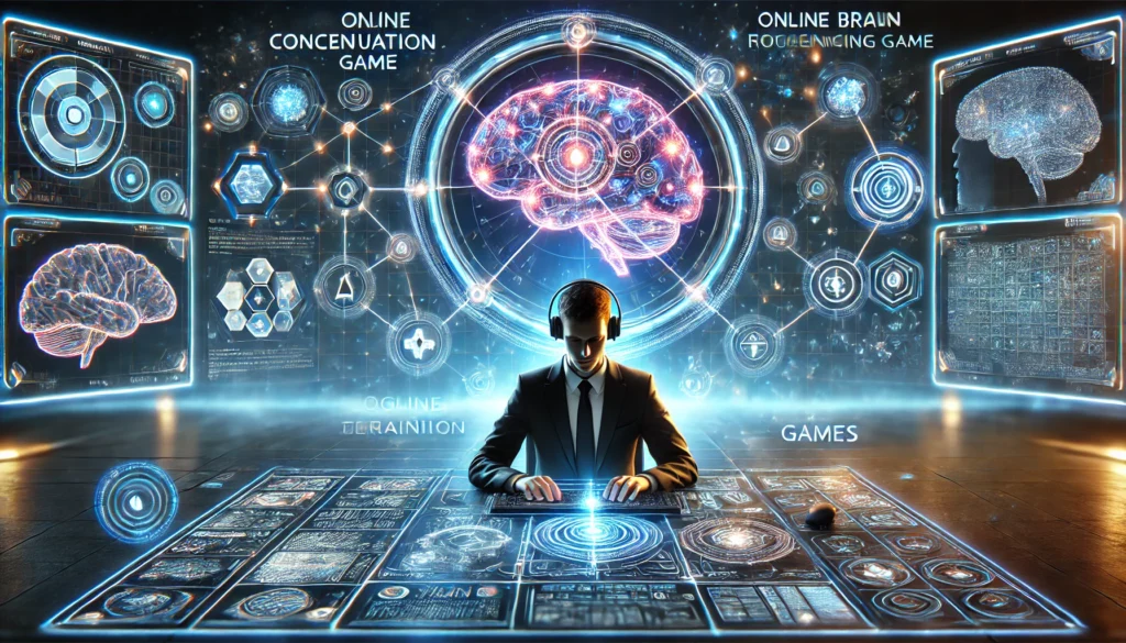 A high-tech visualization of a person engaged in an online concentration game, featuring glowing neural connections, holographic brain-training elements, and an immersive gaming interface