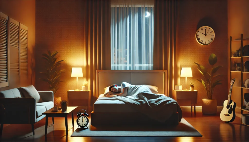 A peaceful bedroom scene at nighttime with a person finally falling asleep after struggling with sleep deprivation. The warm lighting and comfortable bed emphasize the importance of restful sleep for mental well-being.