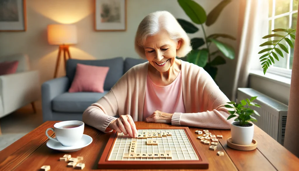 An elderly woman with dementia enjoying a solo word puzzle game at a table in a peaceful room. She is carefully placing a word tile on a board with a smile, surrounded by a warm and calming atmosphere