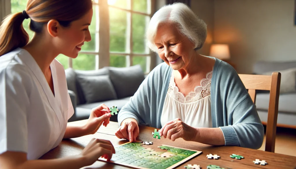 An elderly woman with dementia completing a simple jigsaw puzzle at home, receiving gentle encouragement from a caregiver in a comforting setting.