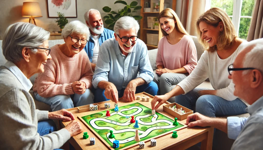 A small group of elderly individuals with dementia playing a board game together in a welcoming living room, fostering social interaction and engagement