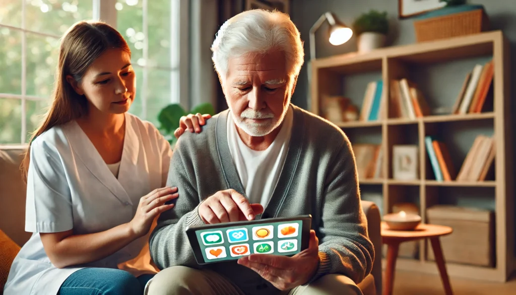 An elderly man with dementia using a tablet to play a digital memory game, receiving guidance from a caregiver in a cozy home environment.