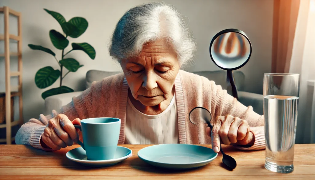 A senior woman with Alzheimer's disease struggling with contrast sensitivity, finding it difficult to distinguish between objects on a table