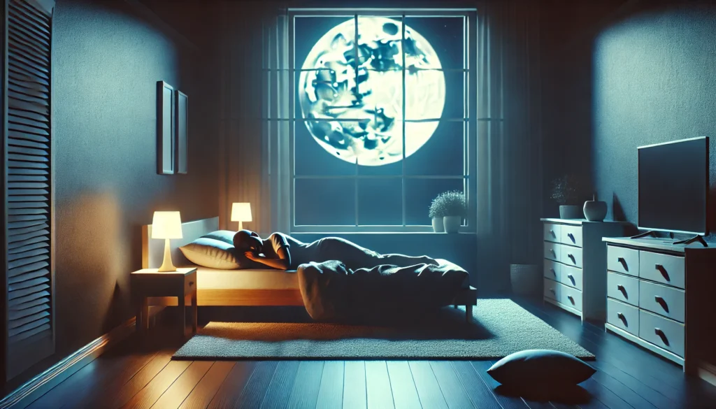 A serene bedroom setting with a person sleeping peacefully. The soft glow of the moon illuminates the room, enhancing the tranquil and restful ambiance.