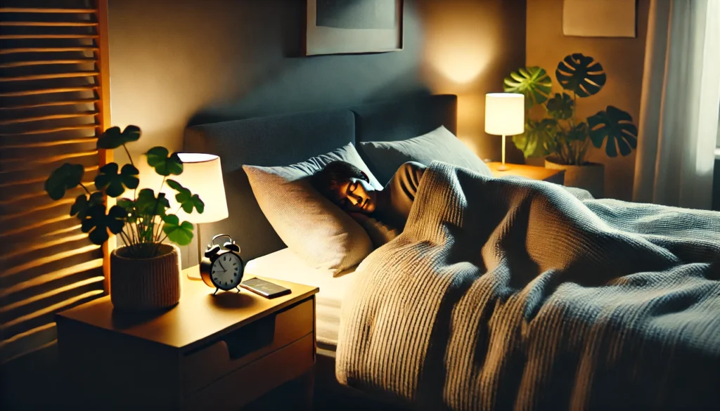 A person peacefully asleep in bed, wrapped in a soft blanket. The room is dimly lit with warm lighting, and a small plant sits by the bedside, creating a relaxing and sleep-friendly environment.