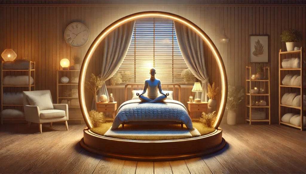 A conceptual representation of personalized sleep strategies, featuring a peaceful bedroom environment where a person is practicing relaxation techniques like meditation before sleep. The warm lighting, cozy bedding, and serene ambiance symbolize holistic approaches to optimizing sleep quality.