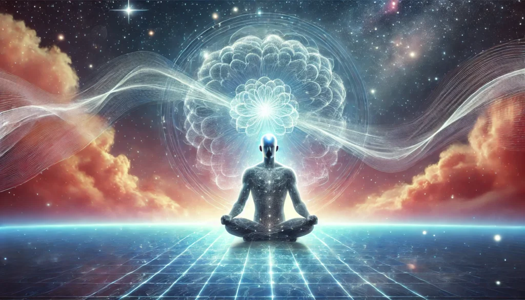 A futuristic concept of a person meditating with a glowing aura around their head, representing how to enhance mind power through deep cognitive focus and mindfulness