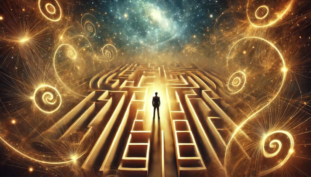 A surreal depiction of a person standing at the center of a glowing labyrinth, signifying problem-solving, strategic thinking, and how to enhance mind power through intellectual exploration