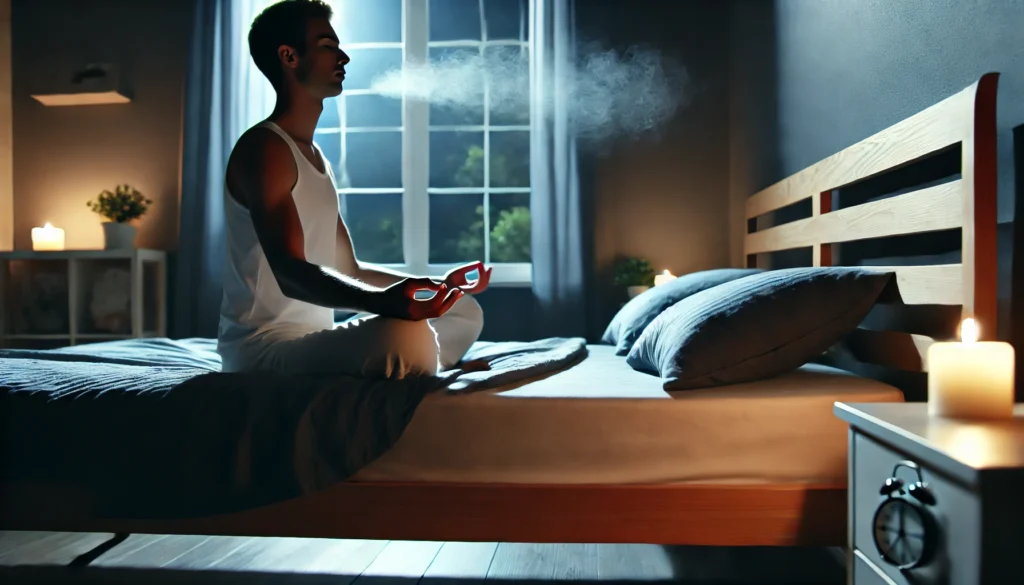 A person practicing relaxation techniques before bed, sitting in a dimly lit bedroom while meditating or doing deep breathing exercises. The scene emphasizes the importance of bedtime routines for better sleep.