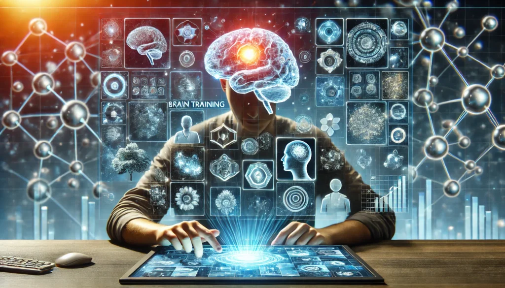 A conceptual visualization of brain training programs, showcasing a person interacting with a holographic interface filled with cognitive puzzles and memory exercises in an abstract neural network setting