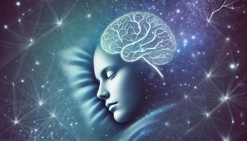 A serene digital illustration of a person experiencing deep sleep, surrounded by abstract glowing neural connections. The artwork symbolizes the link between restorative sleep and cognitive function, using a cool-toned palette of blues and violets to evoke a peaceful, restful state.