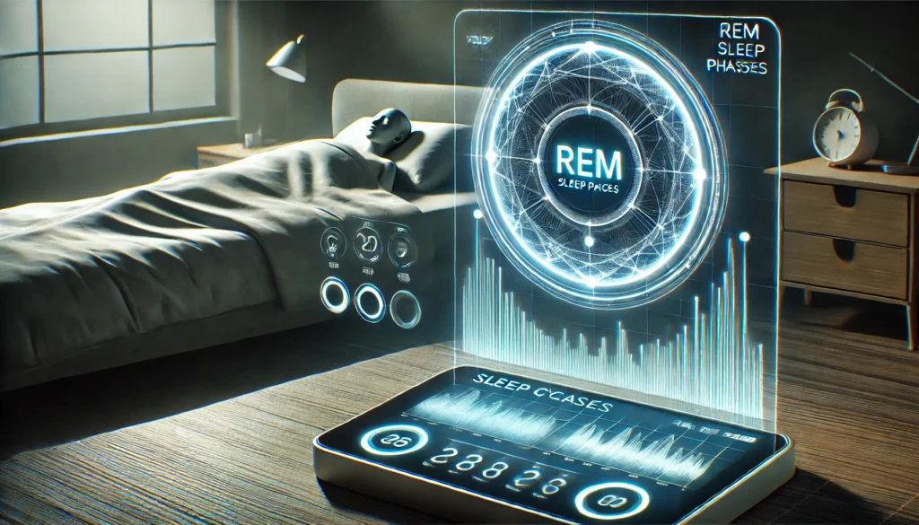 A futuristic sleep monitoring device displaying sleep cycle data, including REM sleep phases. This image represents modern technology's role in sleep tracking and understanding how many hours of REM sleep do you need for better health