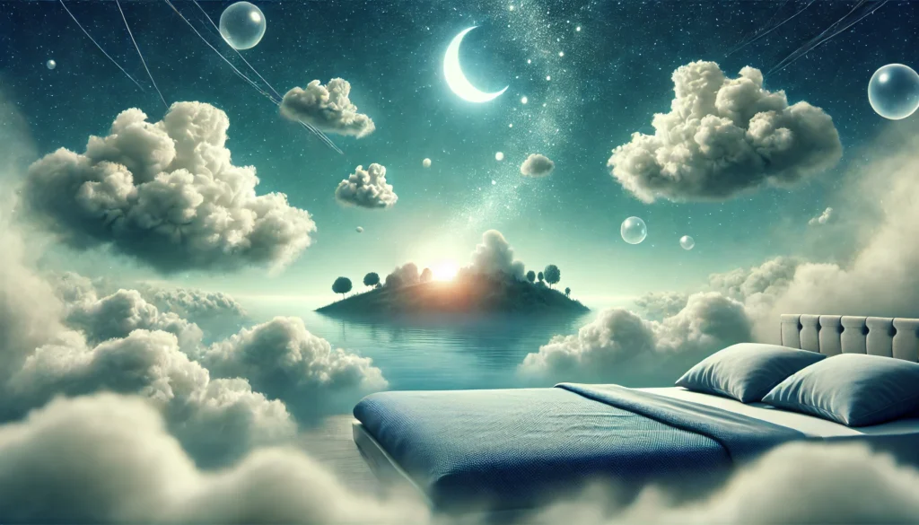 A dreamlike landscape with floating islands and glowing clouds, symbolizing the surreal nature of dreams during REM sleep. This visual connects to the discussion of how many hours of REM sleep do you need for proper emotional and cognitive processing