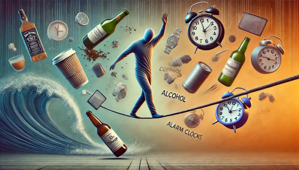 A person balancing on a tightrope, pulled by caffeine, alcohol, screens, and alarm clocks, symbolizing lifestyle factors contributing to what causes lack of REM sleep